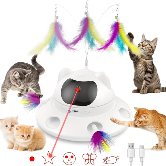 Interactive Cat Laser Toy, 3-in-1 Automatic Sensing Moving 6-Hole Mole Feather, Silent Motor, USB Rechargeable Electronic Smart Sensor for Indoor Cats