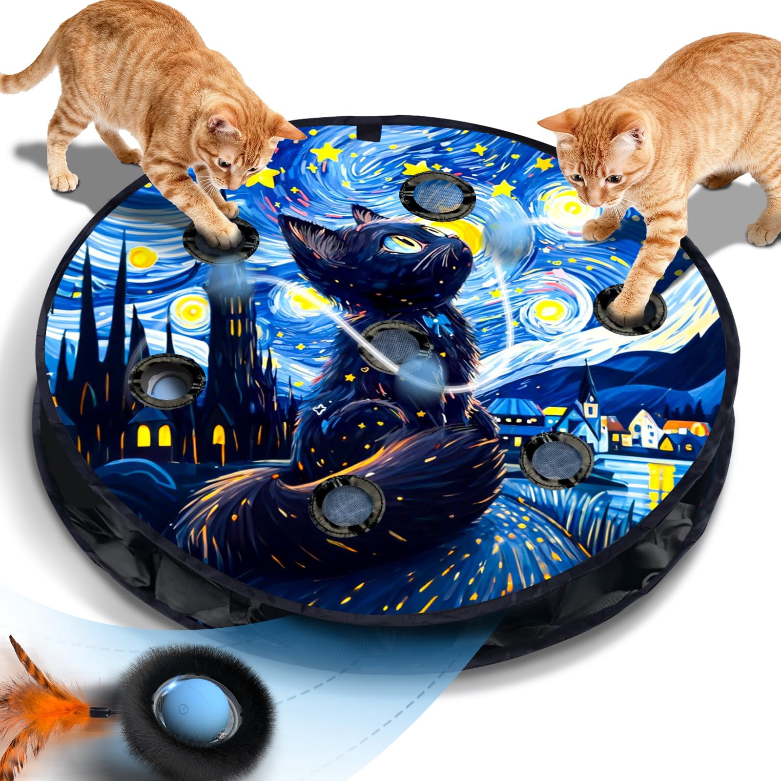 Interactive Cat With Motion Activated Ball & 7-hole Play Mat  And Seek Exercise Game For Indoor Cats Automatic Moving In Pouch Rechargeable Kitten Toys (starry Night)