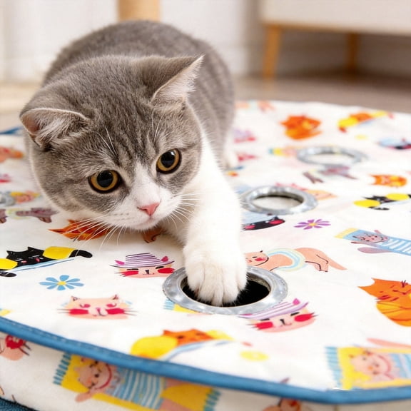 Interactive Cat Play Mat Hide And Seek Cat Toy Foldable Round Activity Mat For Indoor Cats Self Play Entertainment(White-27.56")