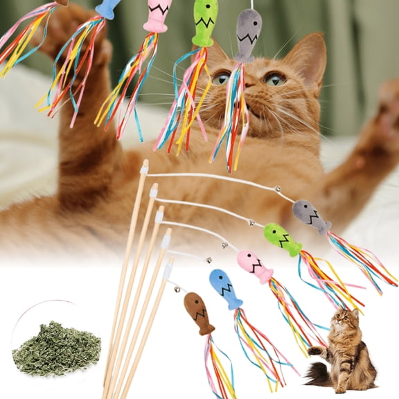 Interactive Cat Play Set 5-Pack: Kitten Teaser Wands with Feathers & Ribbons for Indoor Activity, Exercise & Training