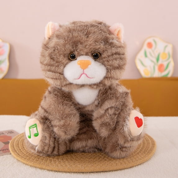 Interactive Cat Plush Breathing Light Sleep Companion Soft Cuddly Multisensory Soothing Bedtime Toy(Brown-11In)#1547