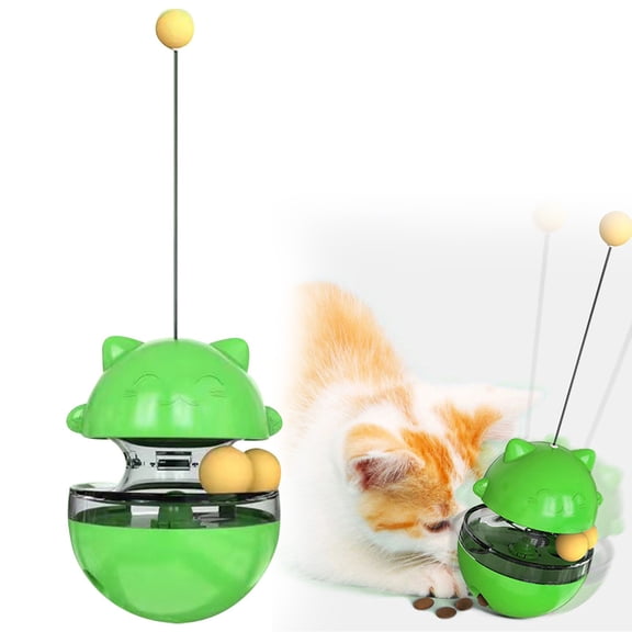 Interactive Cat Puzzle Feeder Toy, Wobble Treat Dispenser with Adjustable Difficulty & Teaser Wand, Slow Feeder Mental Stimulation Toy for Indoor Cats, Green