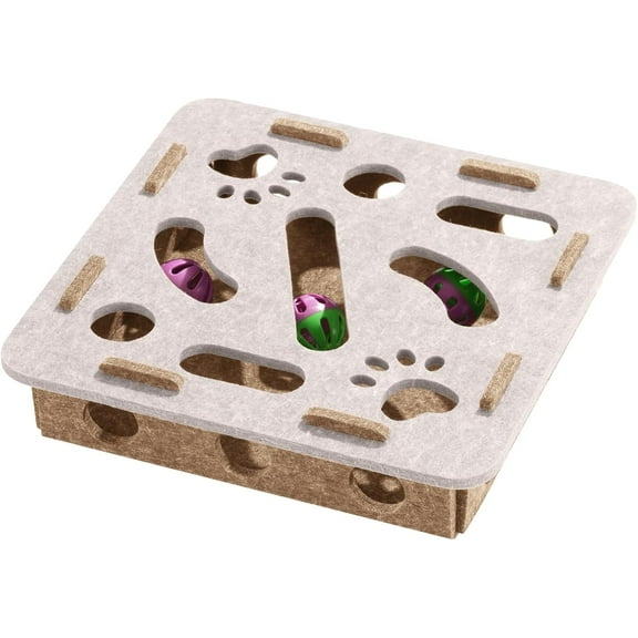 Interactive Cat Puzzle Maze Box with Felt Hide and Seek Game, 3-in-1 Mental Enrichment Toy and Nail File Scratch Box with Bell for Indoor Cats, Hunting Instincts