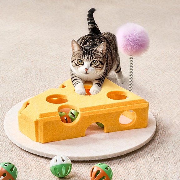Interactive Cat Puzzle Toy Box with Balls & Wand, Felt Sisal Cat Scratcher Enrichment Toy for Indoor Cats, Cheese Shape Hide & Seek Cat Play Box for Bored Kittens Adult Cats Self Play Exercise