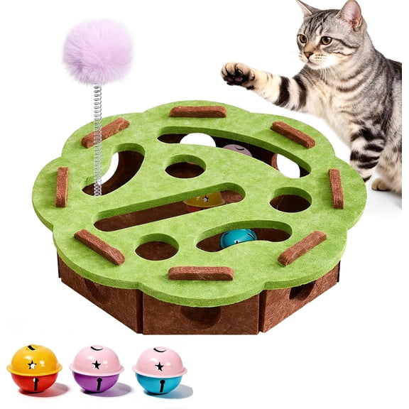 Interactive Cat Puzzle Toy for Indoor Cats, Felt Cat Scratch Puzzle Enrichment Box with 3 Metal Bell Balls, Cat Nail File Box for Self-Play Exercise, Hide & Seek Game Encourages Hunting Instincts.