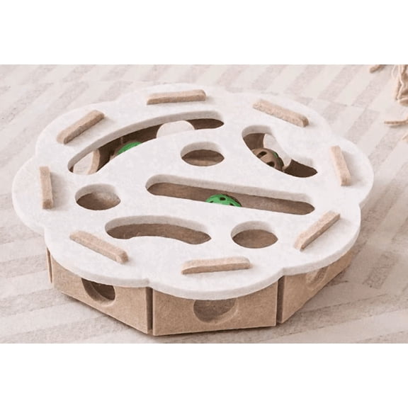 Interactive Cat Puzzle Toy, Round Track Ball Cat Toy with 3 Jingle Balls and Scratch Pads, Indoor Cat Enrichment Play Board for Kittens Adult Cats, Cat Scratch Puzzle Box, Self-Play Cat Entertainment