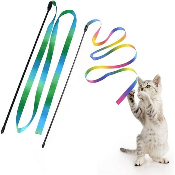 Interactive Cat Rainbow Wand Toys, Interactive Cat Teaser Wand String, Colorful Ribbon Charmer for Kittens - 2 PCS