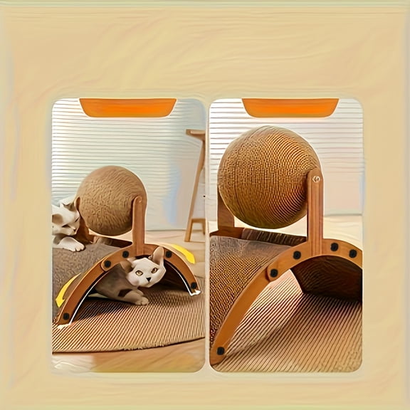 Interactive Cat Scratcher, Cat Scratching Cardboard with Arch Bridge Ball Toy for Indoor Cats, Natural Sisal Scratcher Ball, Spinning Cat Ball Toy, Solid Wood Scratching Toy for Cats