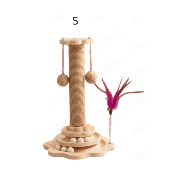 Cat Scratching Post and Activity Center – 15.9in Tall Wooden & Sisal Tower, Includes Track with 6 Balls, Feather Wand, 2 Hanging Balls for Play, S