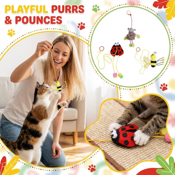 Interactive Cat Teaser Toy, Pull String Plush Insect and Rodent Shapes for Indoor Cats, Self Play Chew Toy for Exercise and Hunting Instinct, Easter Gifts for Cat Lovers, 1Pcs Green