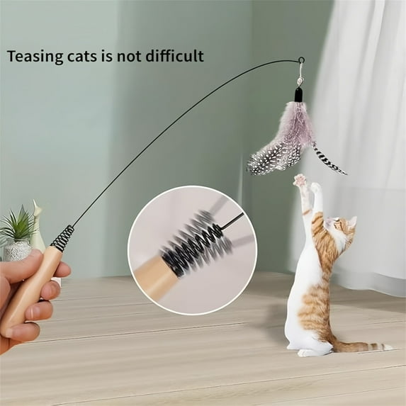 Interactive Cat Teaser Wand Stick with Natural Wooden Handle and Flexible Spring for Indoor Cats and Kittens,Durable Exercise Toy for Hunting and Active Play - 3PCS
