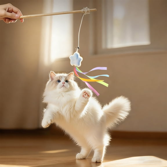 Interactive Cat Teaser Wand Toy for Indoor Cats,Durable Wooden Stick with Plush Animal and Colorful Ribbons,Pet Exercise Wand for Play and Boredom Relief - Blue