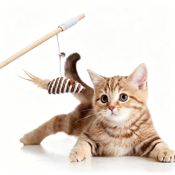 Interactive Cat Teaser Wand with Wooden Handle, Retractable Elastic Rope, Linen Fish Feather & Bell, Durable Safe Cat Toy for Kittens & Cats