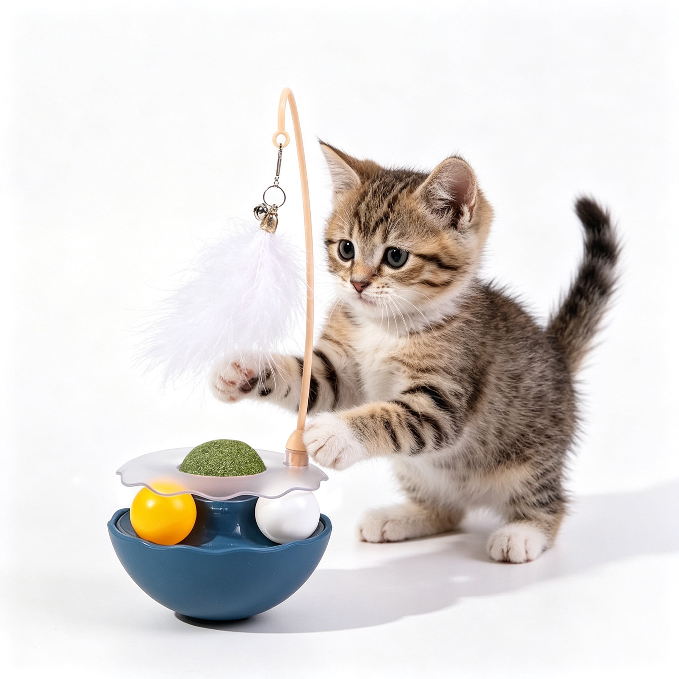 3 in 1 Interactive Cat Toy, Feather Wand Cat Teaser Toy with Bell, Cat Track Ball & Catnip Ball Combo, Self Play Wobble Kitten Toy for Indoor Cats