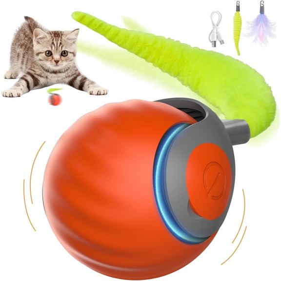 Interactive Cat Toy, Automatic Rolling Ball with Feather Tail, 2 Modes & Adjustable Speeds, Obstacle Avoidance, USB Rechargeable, ABS & Silicone
