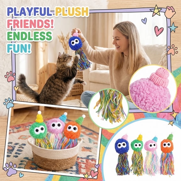 Interactive Cat Toy Ball, Interactive Cat Toy, Multicolor Yarn, Door Hanging Cat Toy, 18inTotal Length, Green Round Head, 1 Pc, Self Play Cat Toys, Pet Cat Supplies, Blue Yarn