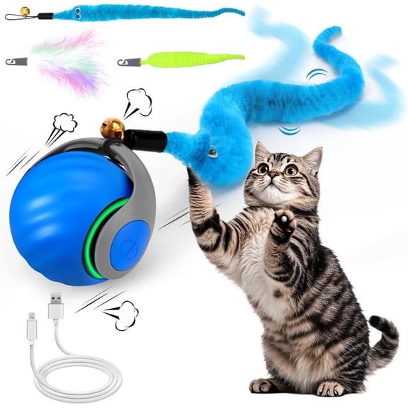 Interactive Cat Toy Ball - Speedy Cat Toys for Indoor Cats with Feather Tails for Chasing, Moving Stimulation Smart Cat Toy for Enrichment, Motion Activated Automatic Rolling Toys to Keep Them Busy