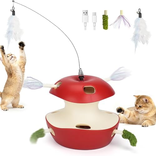 Interactive Cat Toy for Bored Indoor Cats, Automatic 10-Hole Whack A Mole Apple Toy, 2-in-1 Electric Motion Sensor Toy with Teaser Wand, USB Rechargeable, Boredom Relief, Red