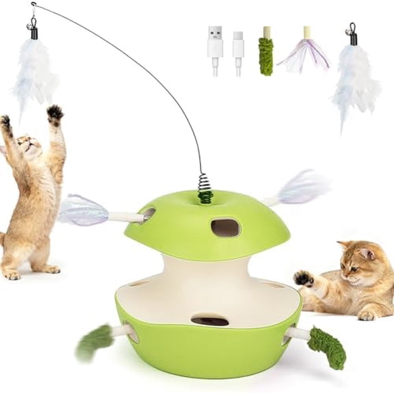 Interactive Cat Toy for Bored Indoor Cats, Automatic 10-Hole Whack A Mole Apple Toy, 2-in-1 Electric Motion Sensor Toy with Teaser Wand, USB Rechargeable, Boredom Relief, Green