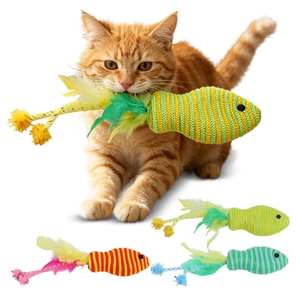 Interactive Cat Toy for Boredom Relief, Cute Striped Fish Shaped Teaser Doll with Feather and Pom Poms for Indoor Kittens, Smart Physical Exercise Independent Hunting Game Toy