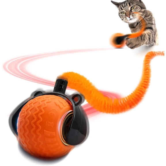 Interactive Cat Toy for Indoor Cats, Speedy Ball with Tail, Automatic Moving Cat Balls for Bored Indoor Adult Cats, 360°Automatic Rolling Ball Toy, Two Speed Adjustment(Orange)