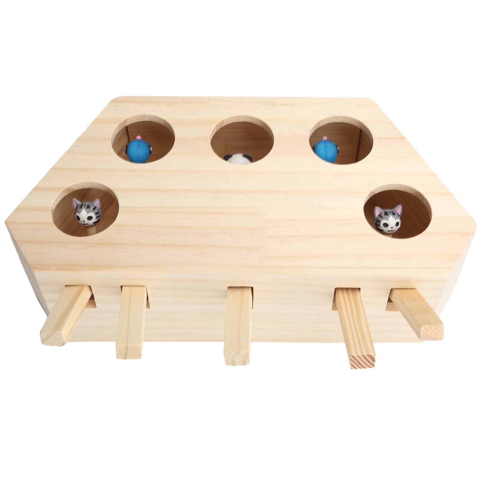 Interactive Cat Toy - Wooden Mouse Whack-a-Mole Puzzle Box, 3 Holes, With Cartoon Toys For Hunting Play - View #5