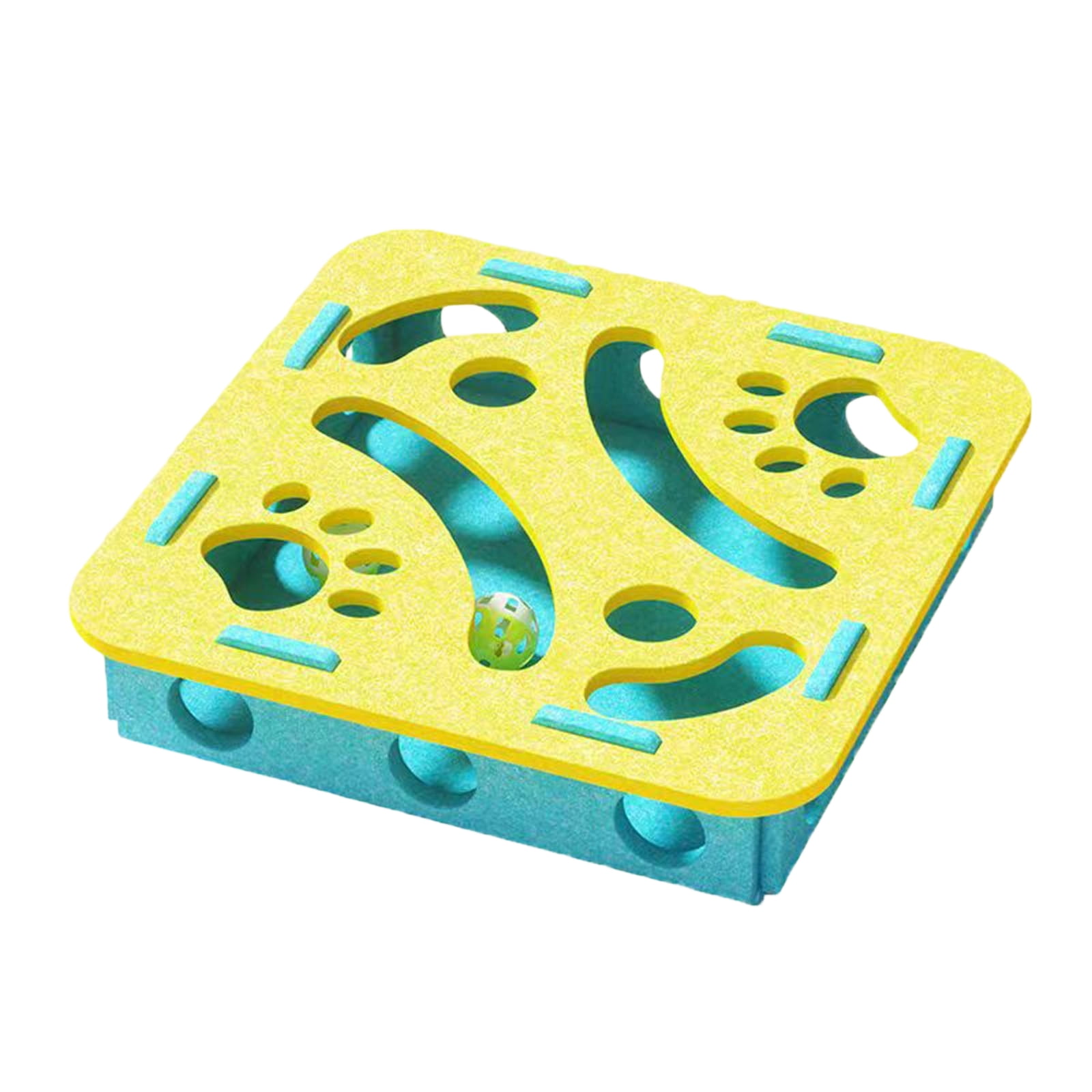 Interactive Cat Toy for Mental Stimulation – Yellow & Green Felt Food Puzzle Board with Bells, Grooved Channels & Textured Holes, Ideal for Indoor Enrichment and Solo Play