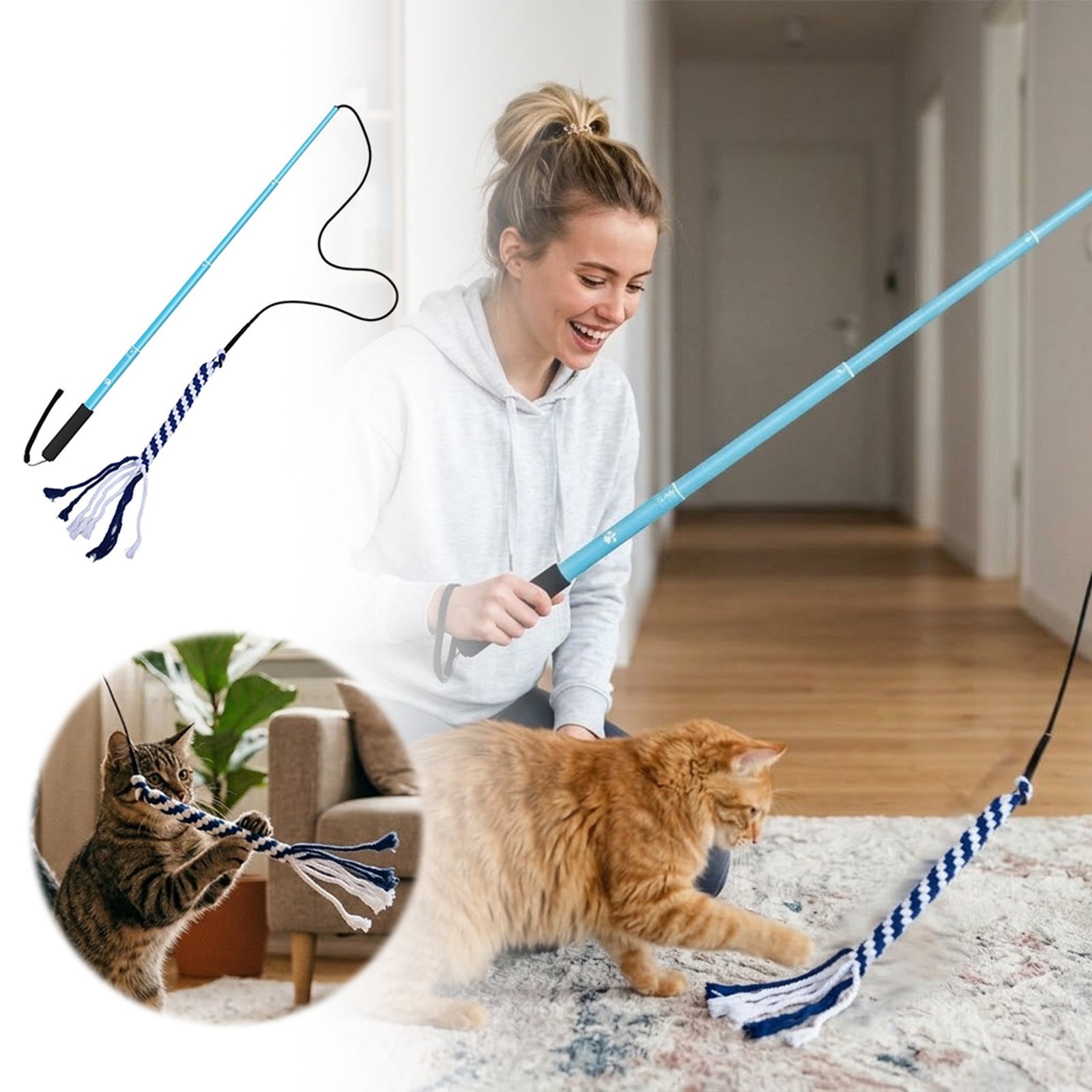 Interactive Cat Toy Retractable Teaser Wand with Braided Rope Tug Toy Flexible Exercise Stick for Indoor Cat Kitten Small Pet Boredom Relief and Training