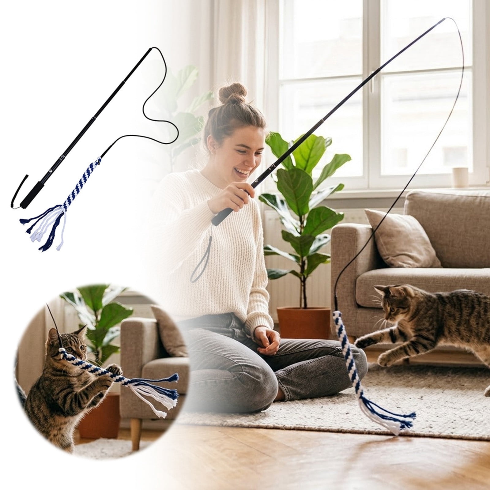 Interactive Cat Toy Retractable Teaser Wand with Braided Rope Tug Toy Flexible Exercise Stick for Indoor Cat Kitten Small Pet Boredom Relief and Training