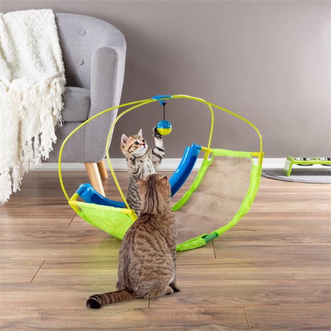 Interactive Rocking Cat Activity Mat with Hanging Toy and Rolling Ball