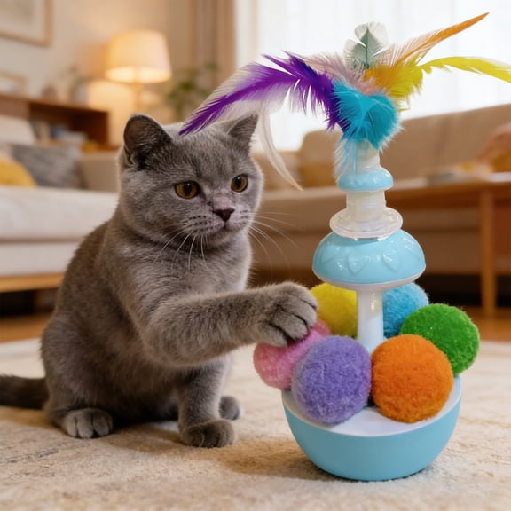 Interactive Cat Toy Roller Ball with Feather Wand, Self Balancing Cat Toy for Indoor Cats, Automatic Wobble Toy for Hunting Instinct Exercise Play and Boredom Relief Cat Toys