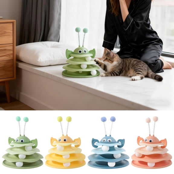 Interactive Cat Toy Track Three Level Ball Activity Tower with Animal Head Design for Indoor Pet Play and Exercise