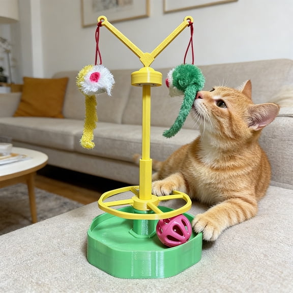 Interactive Cat Toy Turntable Mouse & Bell Balls, Spinning Track Ball, Multicolor Plastic 25x11cm, Non-Slip Base, Detachable Washable Design