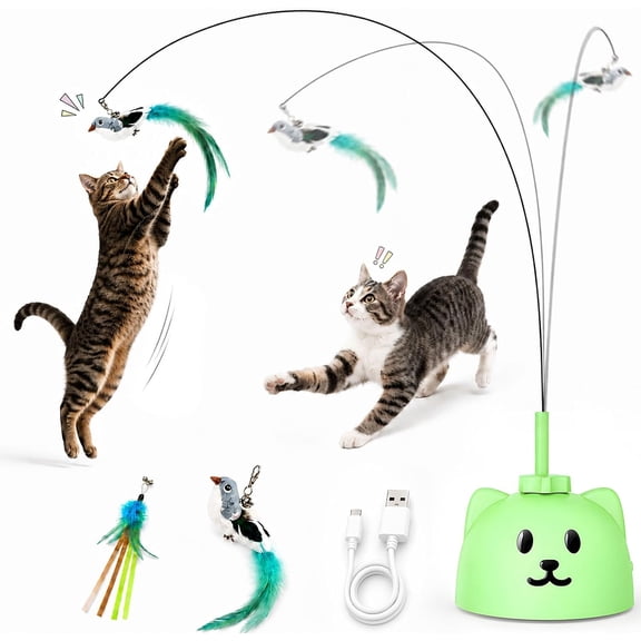 Interactive Cat Toy with 360° Feather Wand, Automatic Motion-Activated Self-Play Toy for Indoor Cats, USB Rechargeable with Suction Cup Base
