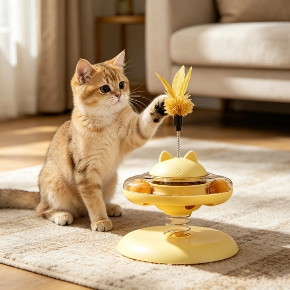 Interactive Cat Toy with Feather Teaser Turntable Leakage Snack Puzzle Toy Bite Resistant Pet Rolling Toy for Kitten Cat
