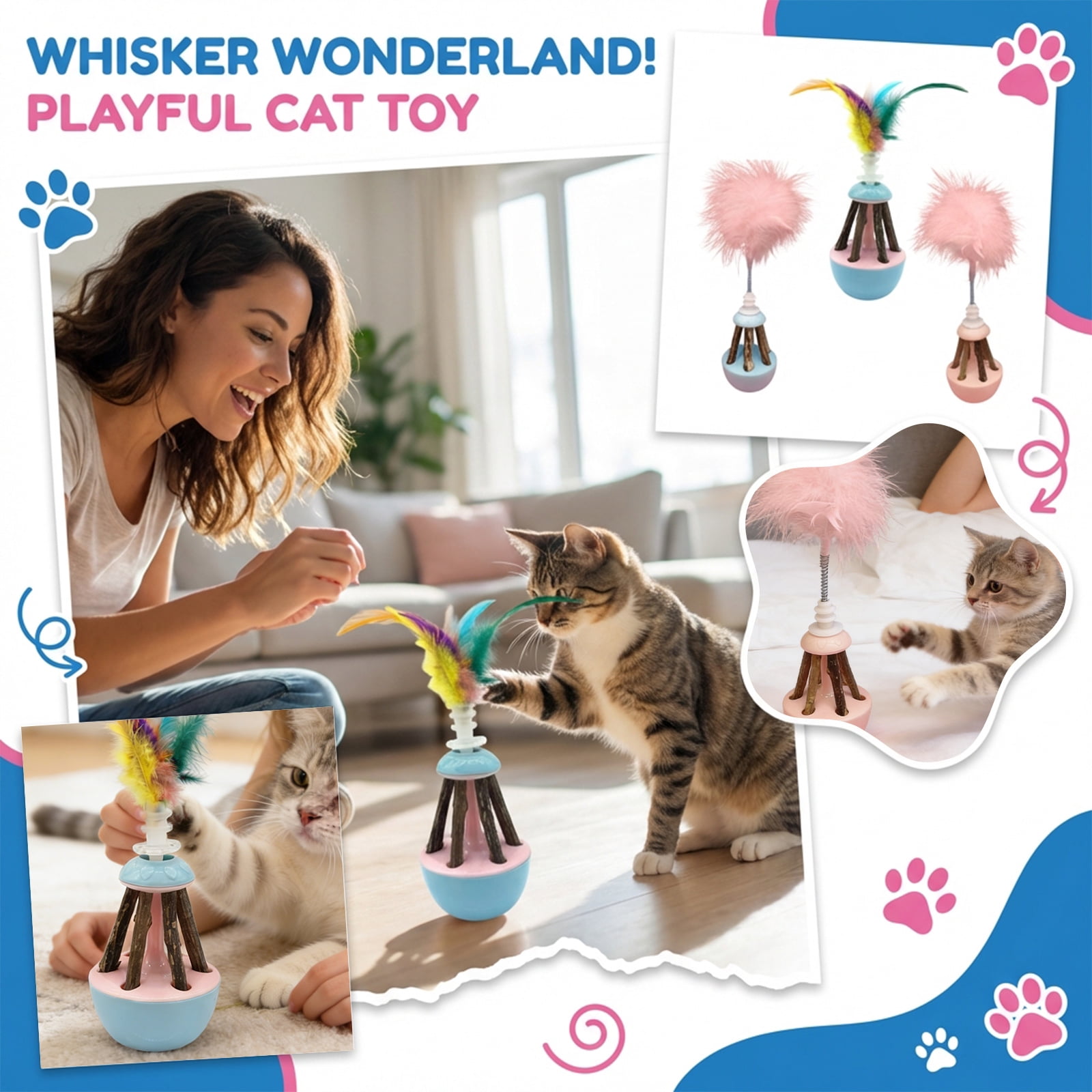 View of Interactive Cat Toy with Feather and Catnip Stick Cat Teaser Toy Indoor ...