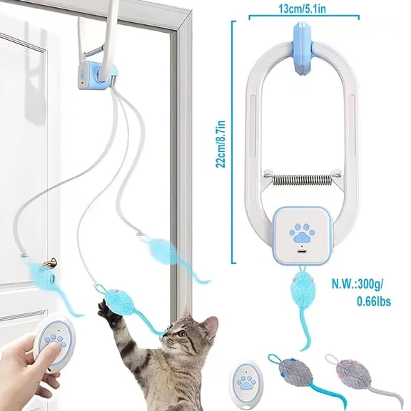 Interactive Cat Toy with Remote Door Hanger, Electric Mouse Teaser for Indoor Cats, Blue