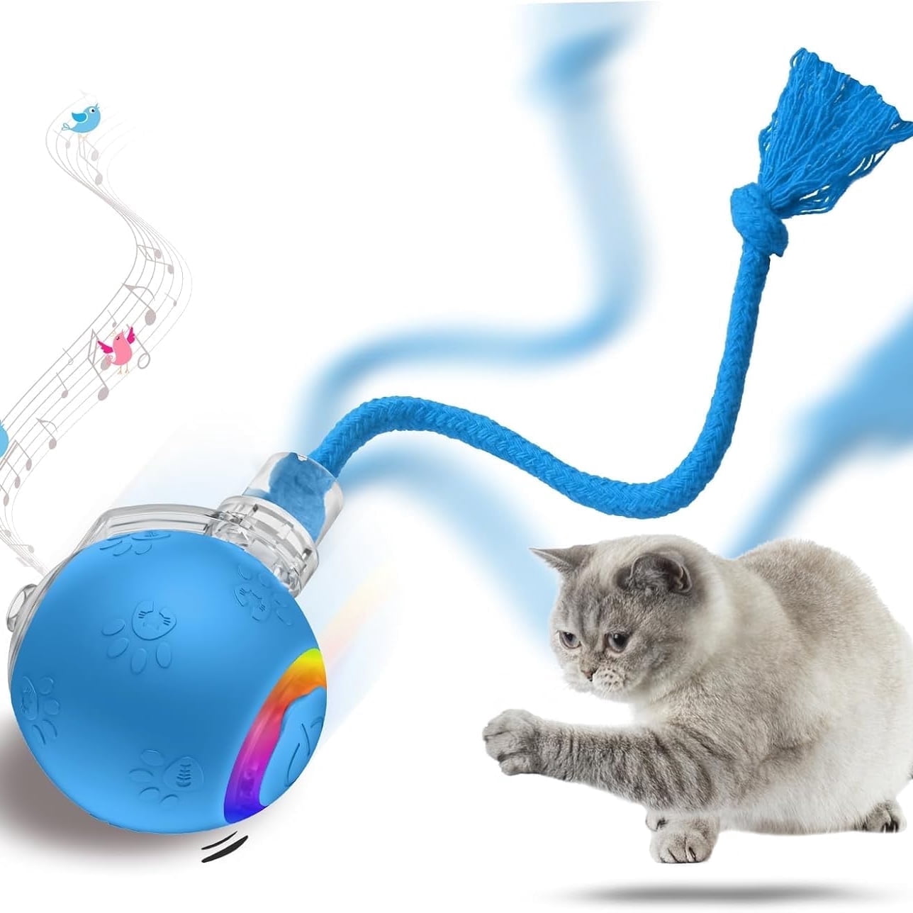 Automatic Rolling Ball Toy for Indoor Cats: Motion-Activated with Chirping, USB Rechargeable Blue Interactive Gift Featuring Speedy Tail 2.0