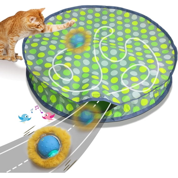 Interactive Cat Toys Ball Fast Rolling in Pouch, Motion Activate Chirping Cat Toy Hide and Seek Mouse Catching Game (Green Polka dot)