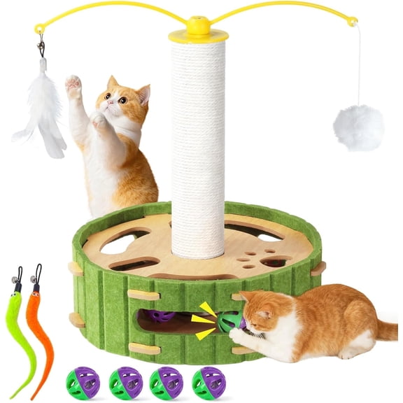 Interactive Cat Toys Box,Cat Puzzle with Rotating Teaser Wand,4 Bell Balls,2 Mouse Tails,14in for Kittens,Smaller Cats