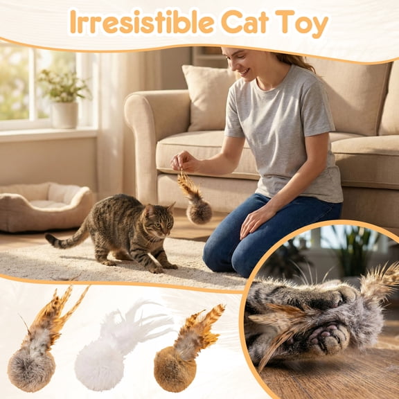 Interactive Cat Toys, Feather Cat Toys, Interactive Cat Toys for Indoor Cats, Cat Toys Ball, Soft Real Rabbit Round Body, No Loud Squeak Design, 14X3 Inch Gray Cat Enrichment