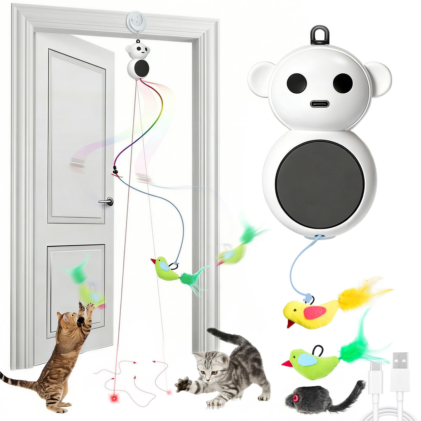 Interactive Cat Toys For Indoor Cats - 2 In 1 Automatic Pointer With Flying Bird Smart Moving Wand 2 Modes  Doorway Hanging Safe Bored Kitten & Adult