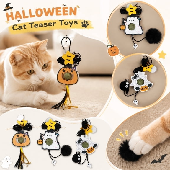 Interactive Cat Toys Halloween Themed Hanging Cat Toys for Indoor Cats Enrichment Holiday Door Decor Cat Ball Toys with Catnip 3X2 in
