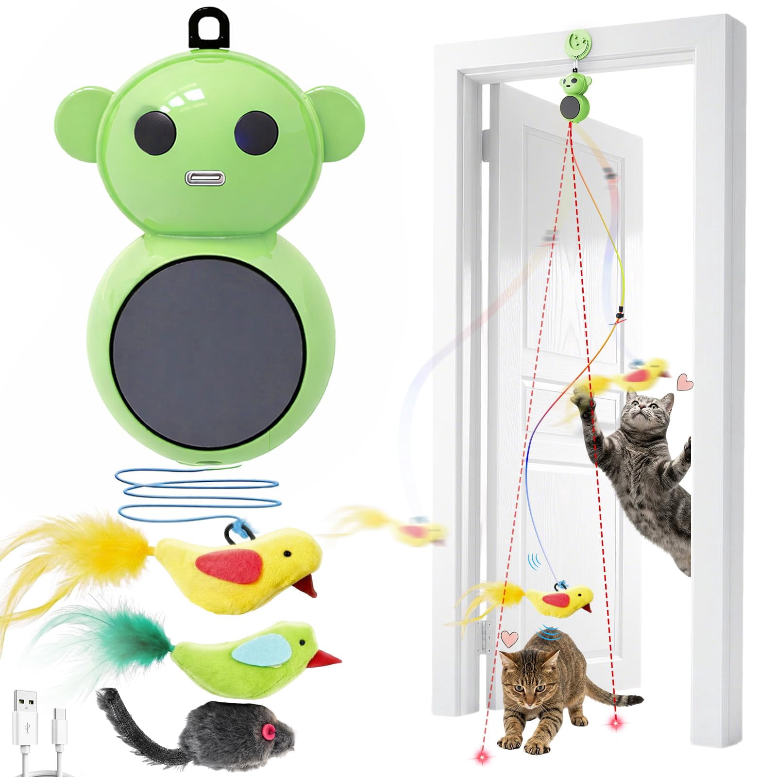 Interactive Cat Toys For Indoor Cats - 2 In 1 Automatic With Flying Bird Smart Moving Wand 2 Modes  Auto On/off Hanging Safe Bored Kitten & Adult (green)