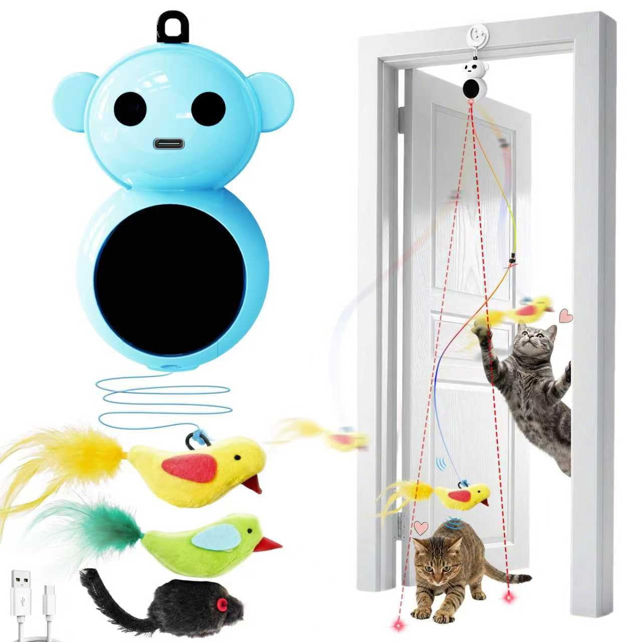 Interactive Cat Toys For Indoor Cats - 2 In 1 Automatic Pointer With Flying Bird Smart Moving Mouse Wand  Auto On/off Hanging Bored Kitten & Adult Cats(blue)