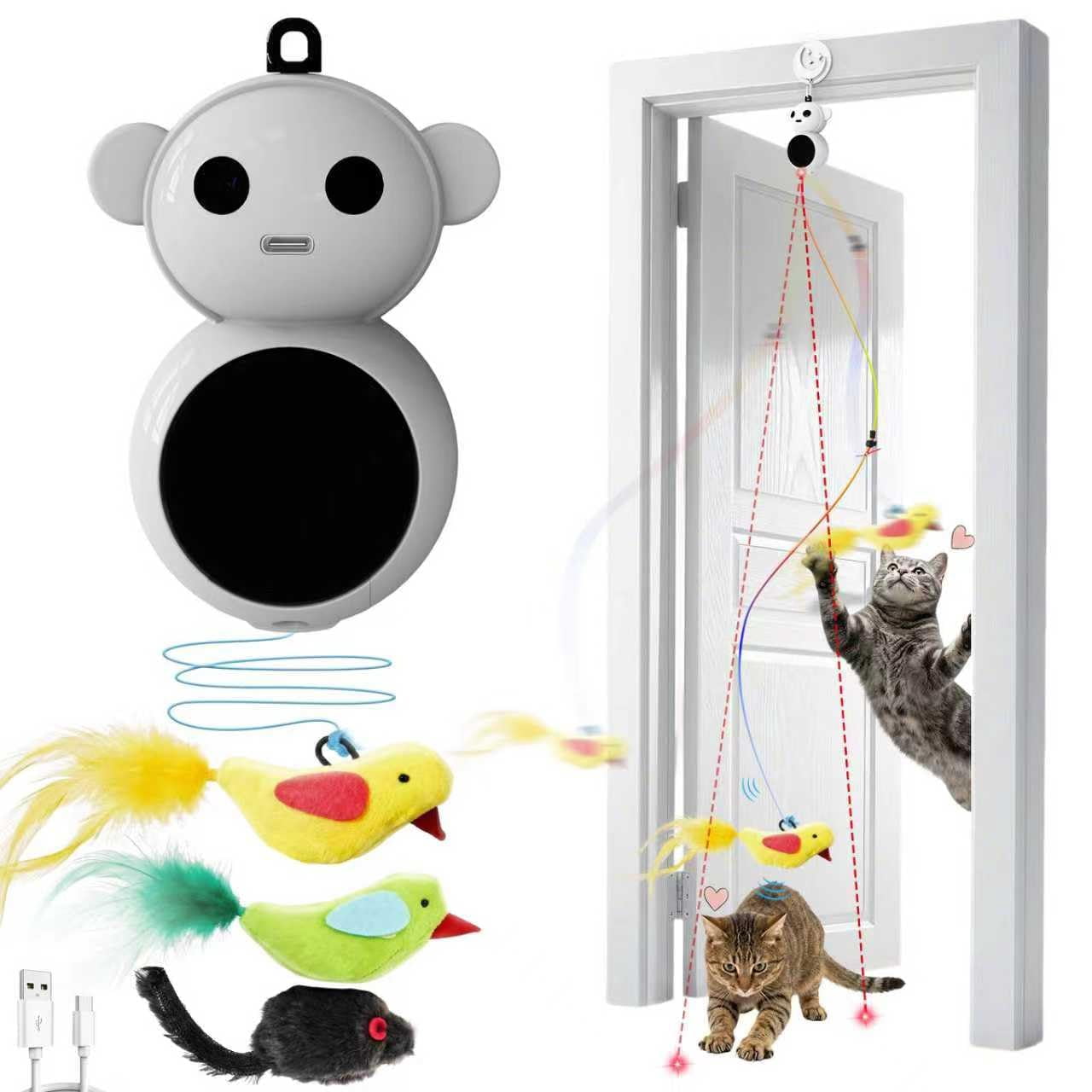 Interactive Cat Toys For Indoor Cats - 2 In 1 Automatic Pointer With Flying Bird  Smart Moving Mouse Wand Auto On/off Hanging Bored Kitten & Adult Cats(grey)