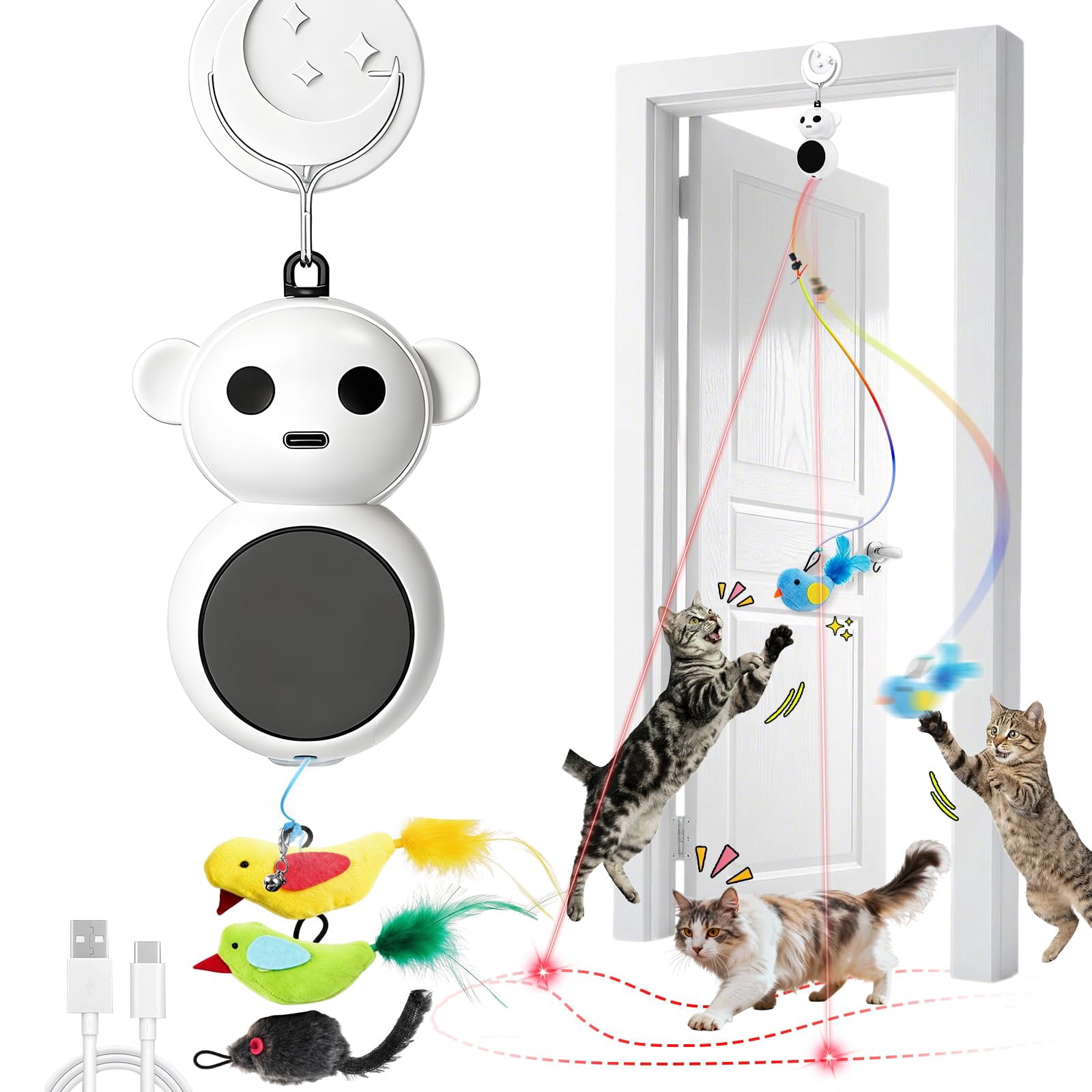 Interactive Cat Toys For Indoor Cats: 2 In 1 Pointer With Automatic Flying Bird & Mouse Wand  Smart Motion Mode Adjustable Speed Usb Rechargeable Safe Bored Kittens And Adult Cats