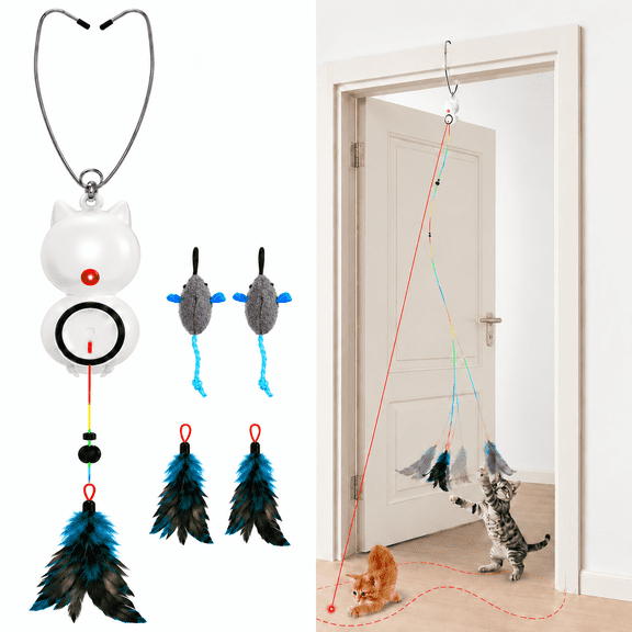 Cat Toys, 2-in-1 Interactive Cat Toy for Indoor Cats, Automatic Laser Pointer and Retractable Cat Teaser Wand, USB Rechargeable Doorway Hanging Toy
