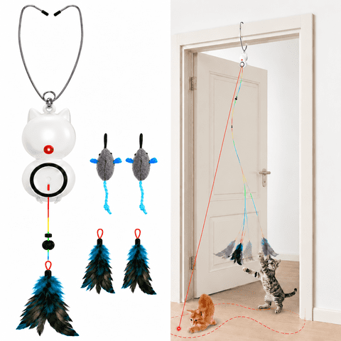 Cat Toys, 2-in-1 Interactive Cat Toy for Indoor Cats, Automatic Laser Pointer and Retractable Cat Teaser Wand, USB Rechargeable Doorway Hanging Toy