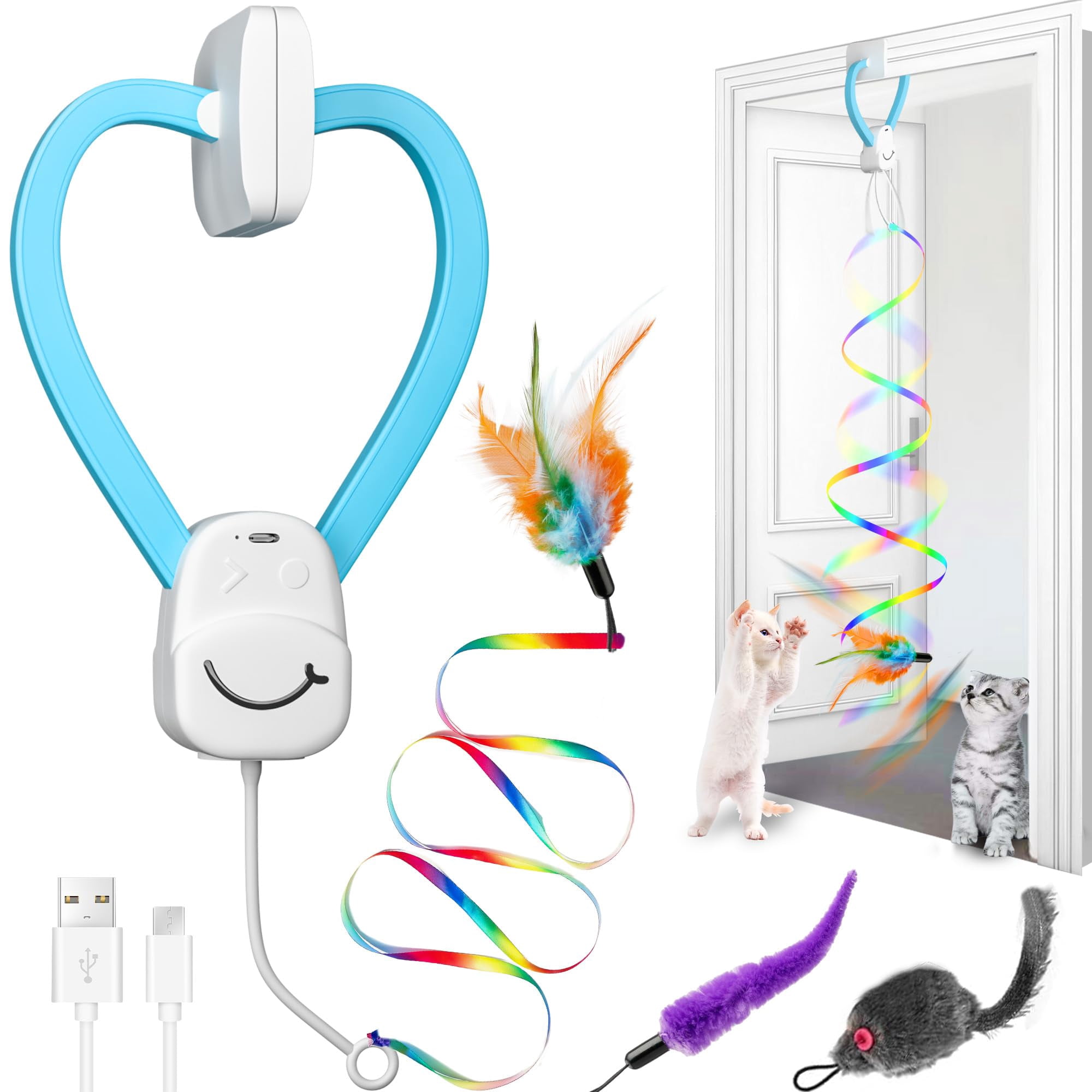 Interactive Cat Toys For Indoor Cats  Automatic Electric Door Hanging With 3 Interchangeable Accessories (feather Mouse Womm Toy) Motion Activated Usb Rechargeable Enrichment Bored